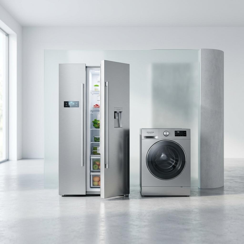 Réfrigérateur américain aux portes ouvertes et lave-linge à hublot, en inox, dans une pièce claire