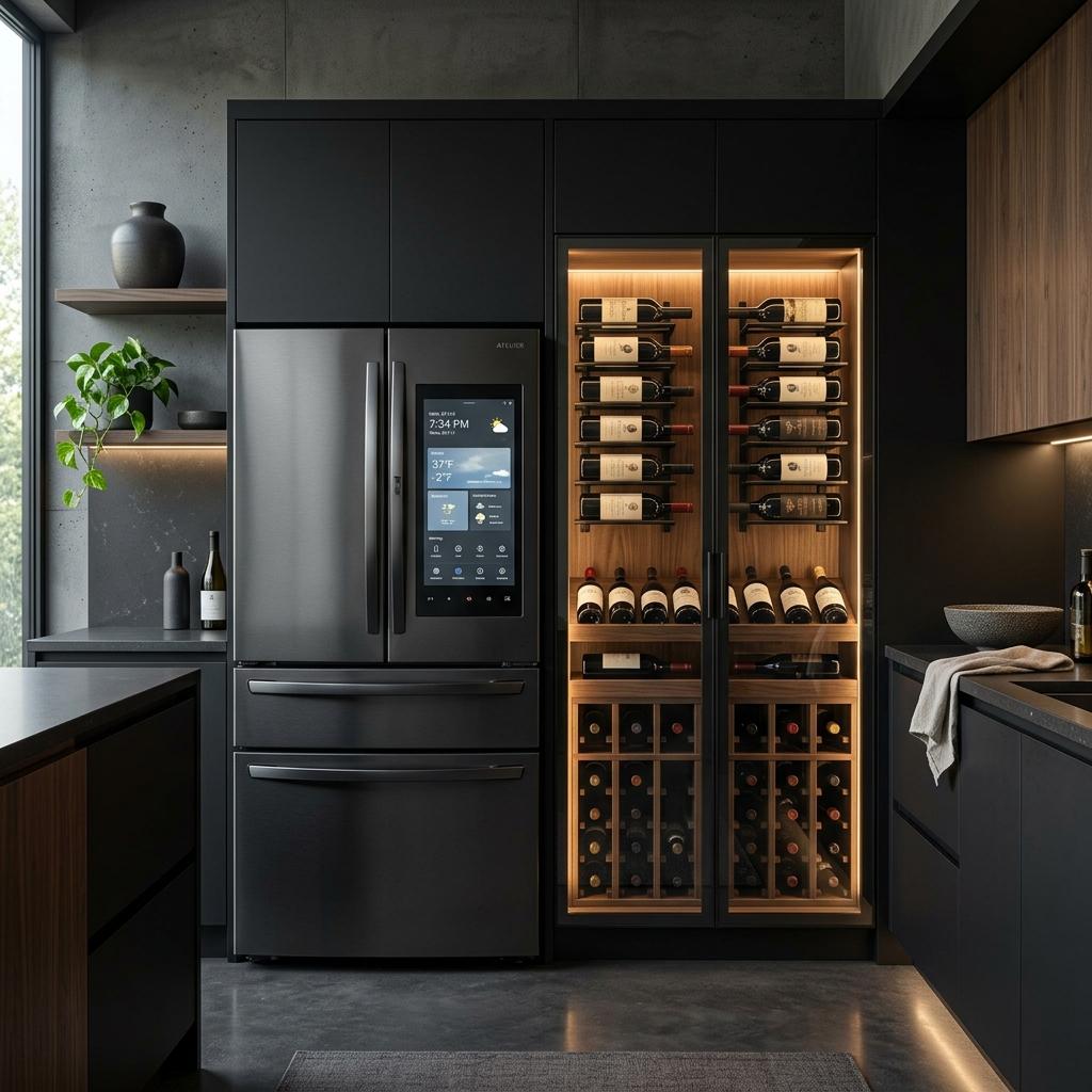 Réfrigérateur américain gris anthracite dans une cuisine aux tons sombres